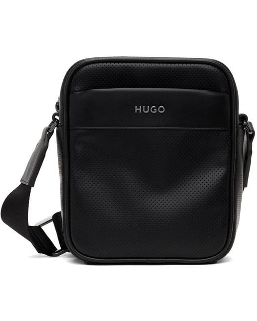 HUGO Black Logo-Lettering Mini Reporter Bag for men