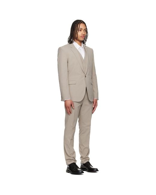HUGO Black Taupe Three-Piece Extra-Slim-Fit Stretch-Cotton Seersucker Suit for men