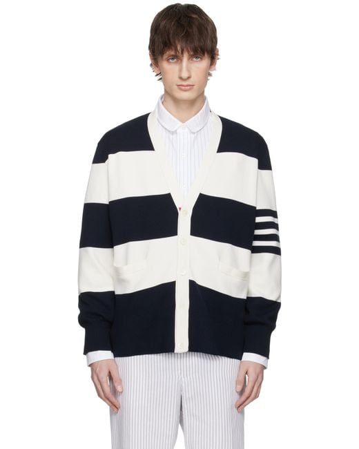 メンズ Thom Browne ネイビー＆オフホワイト Rugby Stripe Milano Stitch カーディガン Black