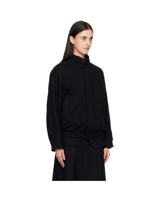 TONYWACK Black Wool Flannel Belted Stand Collar Bomber Jacket