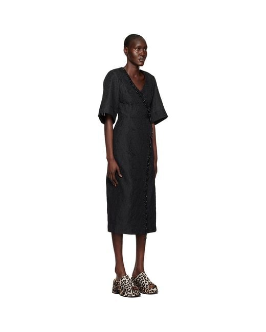 Ganni Black Bead-embellished Cloqué Midi Wrap Dress
