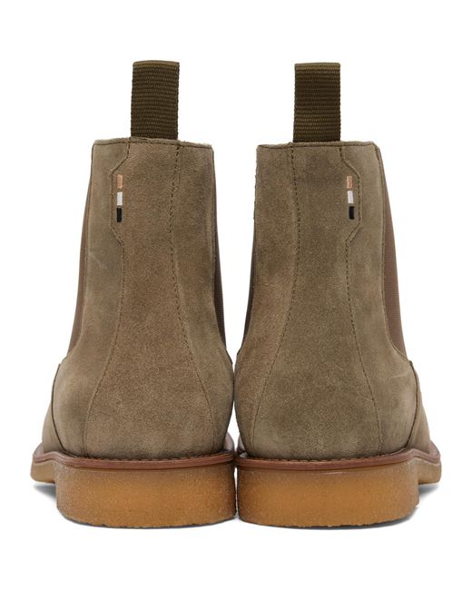 Boss Brown Khaki Suede Signature-Stripe Stitching Chelsea Boots for men