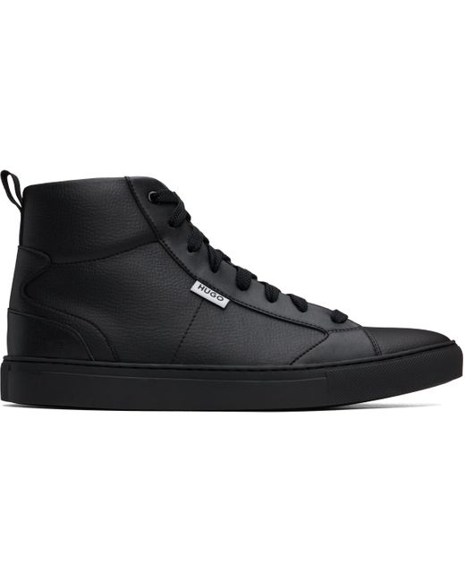HUGO Black Grained Faux-Leather High-Top Sneakers for men