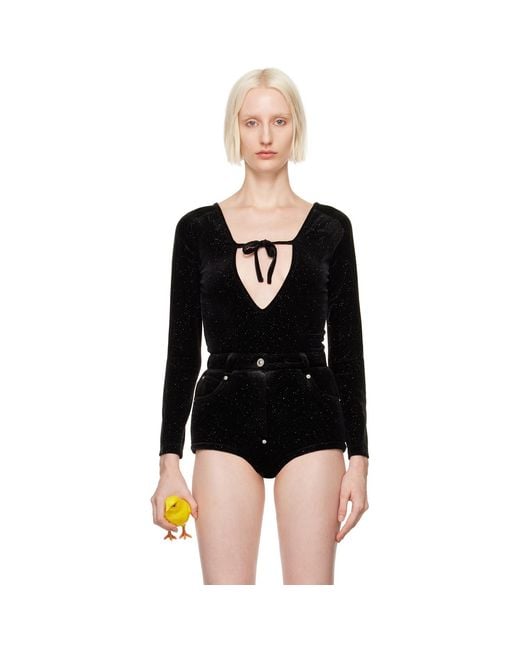 Pushbutton Black Front Self Tie Bodysuit
