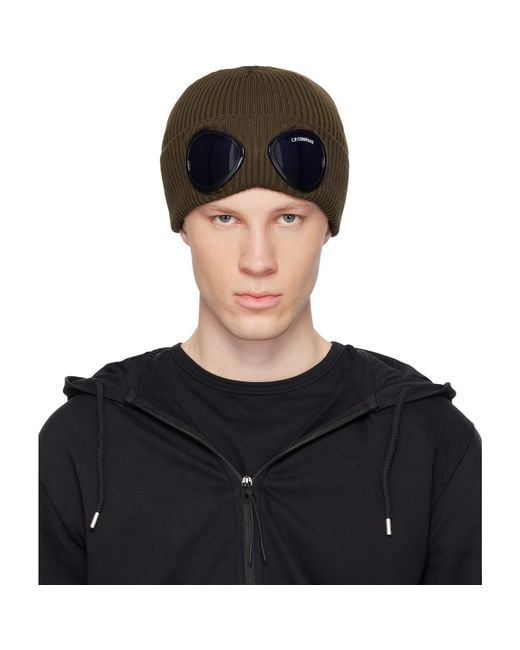 C P Company Black Khaki Cotton Goggle Beanie for men