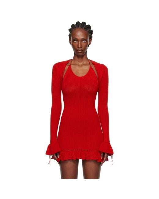 GUIZIO Red Crochet Ruffle Sleeve Bolero Cardigan