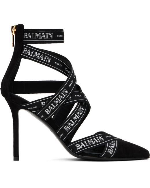 Chaussures À Talon Aiguille Noires En Suède À Motif À Logos Couture Balmain en coloris Black
