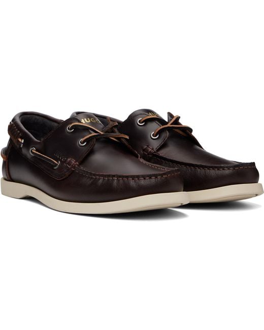 HUGO Black Leather Lacing Detail Boat Shoes for men