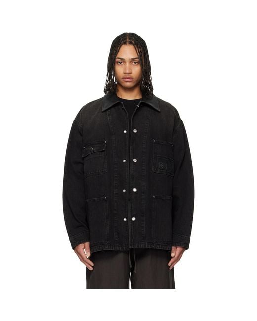 Wooyoungmi Black Leather Collar Tin-Washed Denim Coat for men
