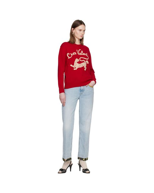 Valentino Red Wool 'Chez & Panther Embroidery Sweater