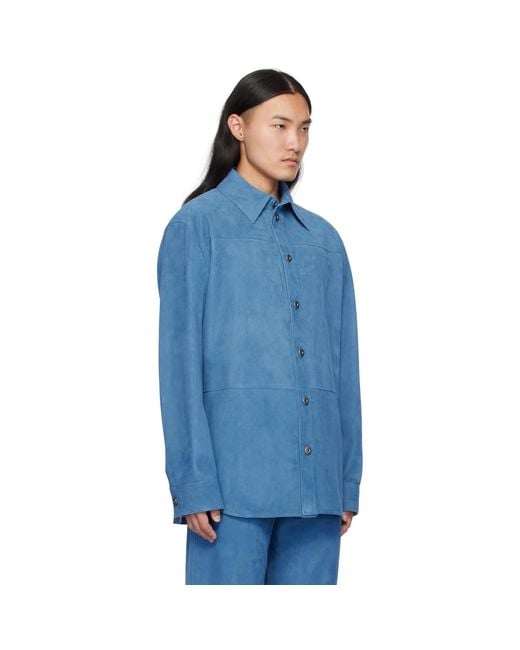 Bottega Veneta Blue Embossed Corduroy Suede Shirt for men
