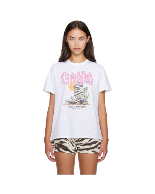 Ganni White Basic Cotton Western Zebra Boot T-Shirt