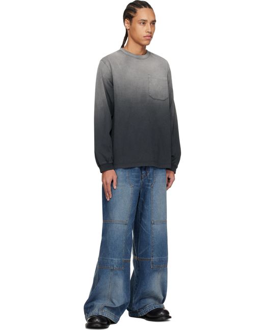 メンズ rice nine ten グレー＆ブラック Faded Roomy Sleeve 長袖Tシャツ Gray