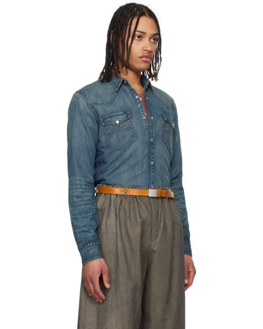 メンズ RRL ブルー スリムフィット ウエスタン デニムシャツ Blue