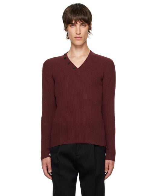 Lanvin Purple Burgundy Ribbed V-Neck Sweater for men