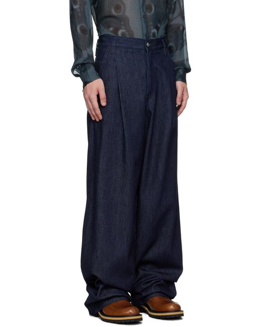 【Dries Van Noten】 デニムワイドレッグパンツ ネイビー Dries Van Notenのブルー ワイドレッグジーンズがセール中