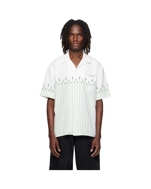 Casablanca White Linen Floral Stripe Sporty Short Sleeve Shirt for men