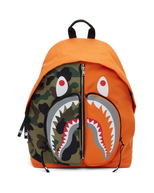 A Bathing Ape Orange And Khaki Camo Shark Day Backpack for Men | Lyst