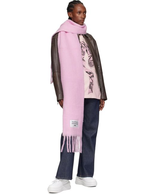 未使用　箱紙袋付き　Acne Studios ピンク マフラー フリンジスカーフ Acne Studios レディース ピンク フリンジ ロゴラベル マフラーの通販