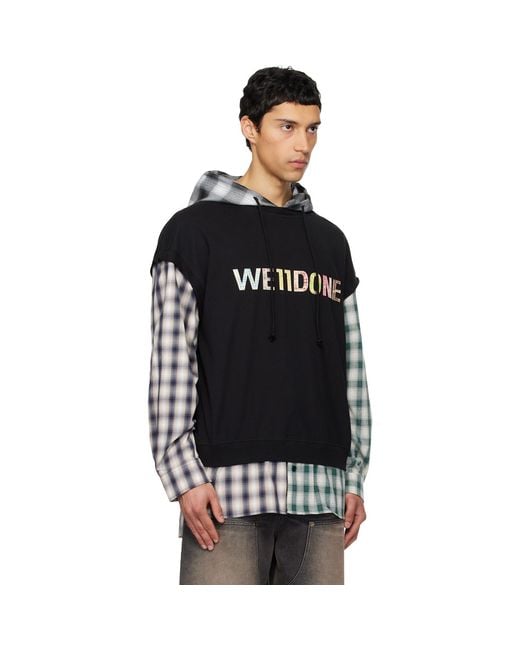 we11done Black Patchwork Layered Hoodie for men