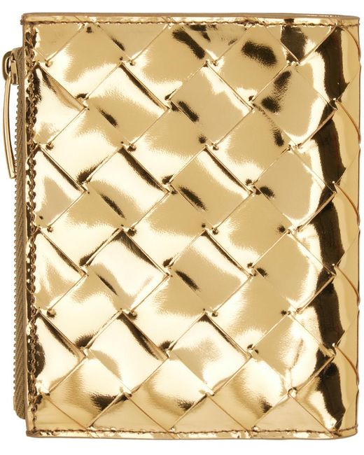 Bottega Veneta Metallic Gold Small Intrecciato Bi-fold Zip Wallet