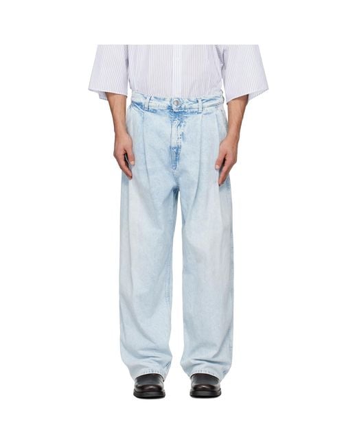 Hed Mayner Blue Light Wash Pleated Jeans for men