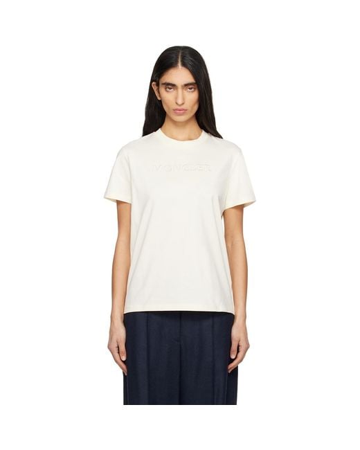 Moncler White Off- Embroidered Tonal Logo Cotton T-Shirt