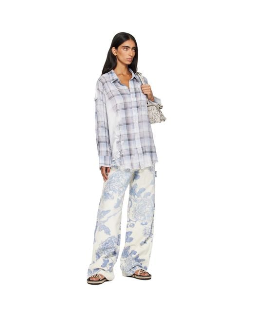R13 Blue Shredded Seam Drop Neck Shirt