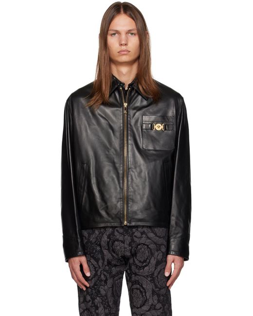 Versace Black Zip Leather Jacket for men
