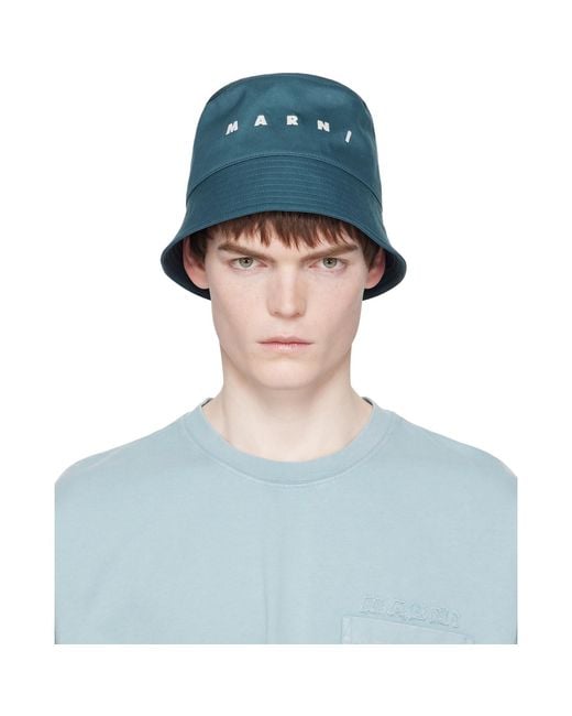 Marni Blue Embroidered Logo Water-Repellent Gabardine Bucket Hat for men