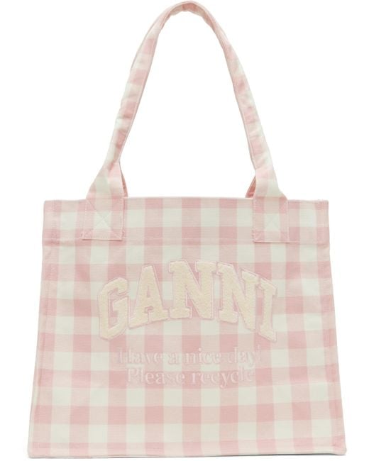 Ganni Pink Vichy Check Large Tote
