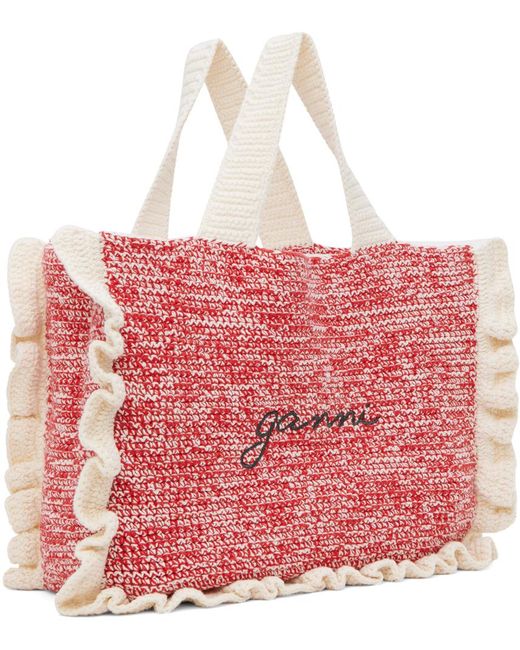 ■Ganni■ Cotton Crochet Frill Tote Bag Shocking Pink A47024 Crochet Frill Tote Solid Bag - Shocking Pink