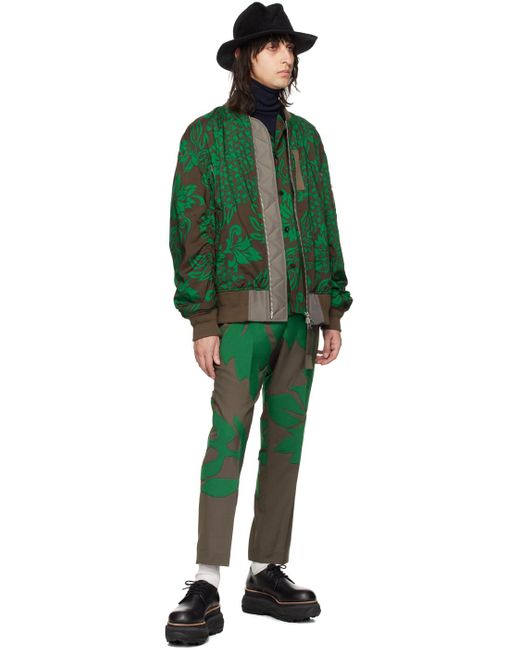 Sacai Taupe & Green Floral Appliqué Trousers for men