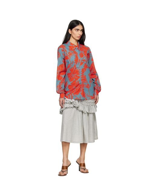 Dries Van Noten Red Voile Floral Print Shirt