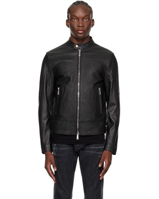 メンズ DSquared² Dsqua2 バンドカラー レザー バイカージャケット Black