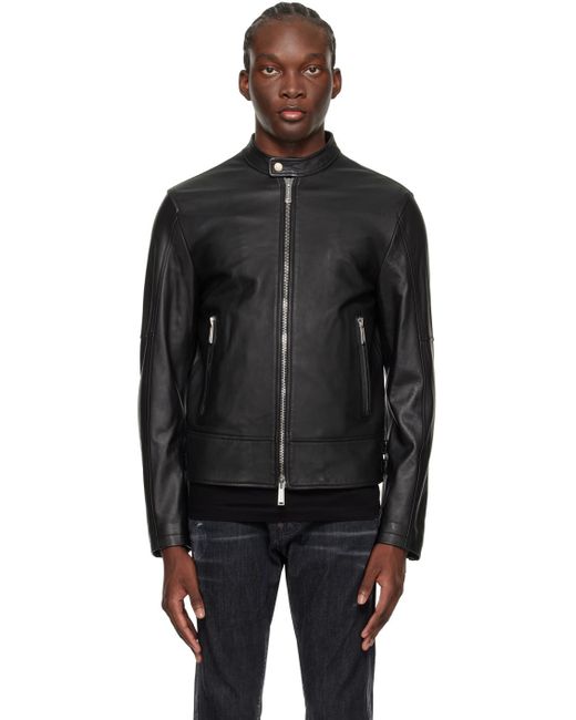 DSquared² Black Dsqua2 Band Collar Leather Biker Jacket for men