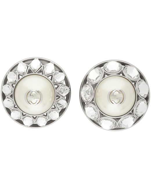 Gucci Gray Crystalpearl Interlocking G Earrings