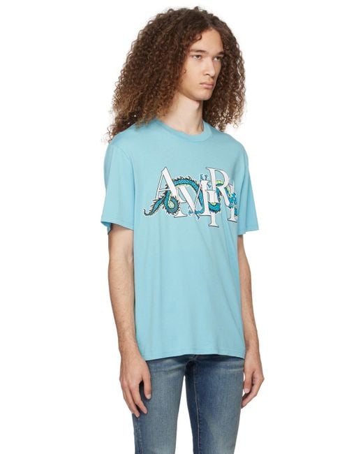 Amiri Blue Light T-Shirt With Dragon Logo Print for men