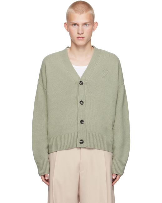 AMI Green Embossed Ami De Coeur Cardigan for men