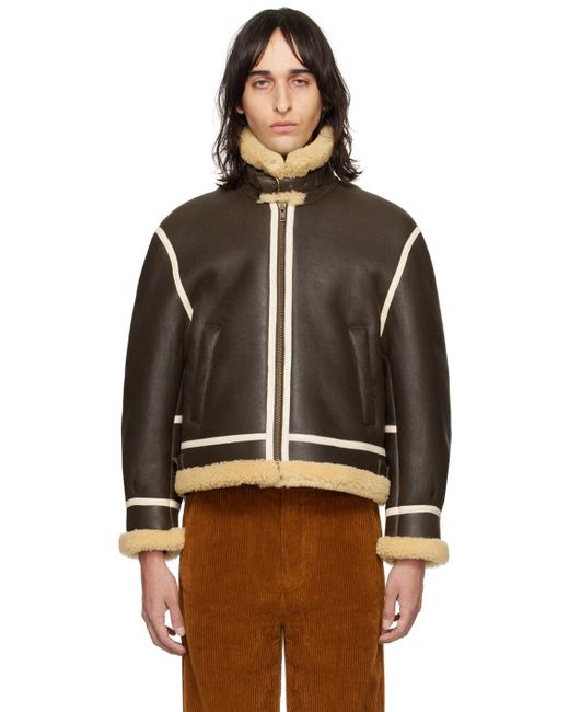 Bode Black Brown Aviator Leather Jacket for men