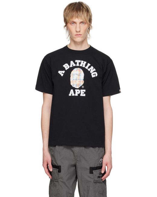 A Bathing Ape Black Bleached Check College T-Shirt for men