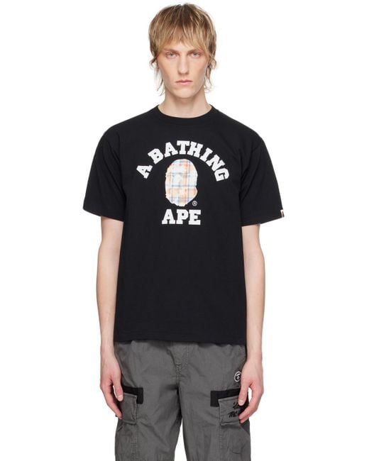 T-shirt noir à logo de style collégial décoloré à carreaux A Bathing Ape pour homme en coloris Black