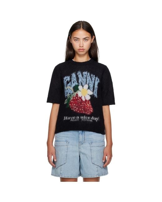 Ganni Black Fine Brushed Alpaca T-Shirt