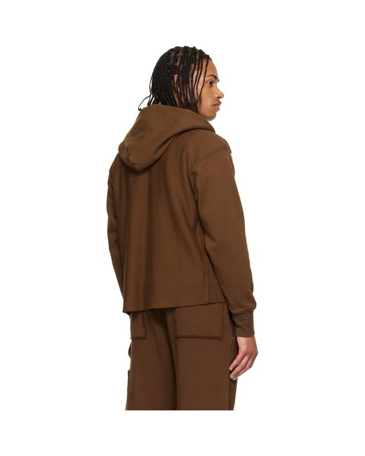 Les Tien Brown Heavyweight Raw Cropped Hoodie for men