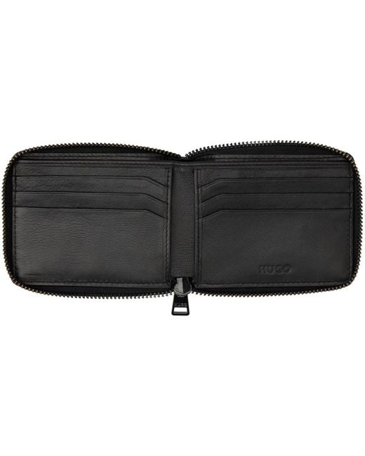 HUGO Black Matte Leather Ziparound Wallet for men