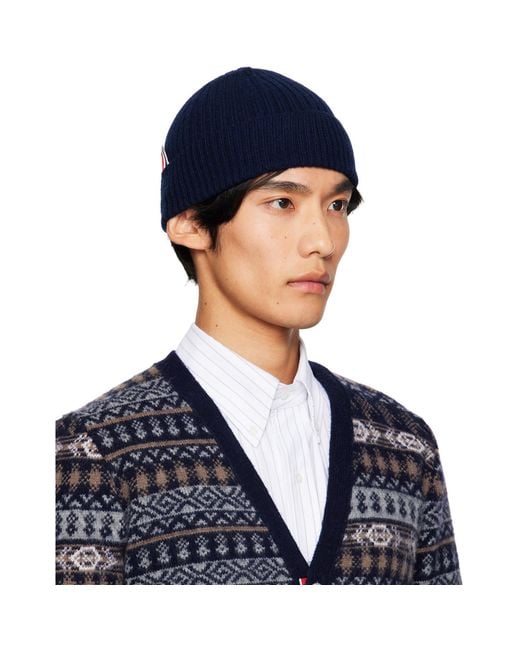 Thom Browne Blue Cashmere 4-Bar Cuff Beanie for men