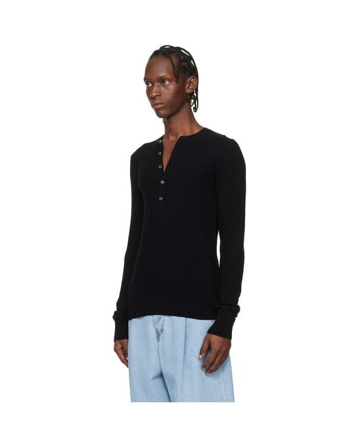 Dries Van Noten Black Rib-Knit Henley for men