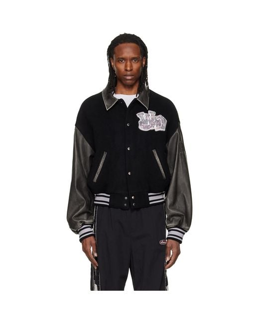 we11done Black Faux-Leather Varsity Jacket for men