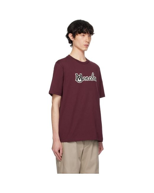 Moncler Burgundy Embroidered Varsity Logo Cotton T-Shirt for men