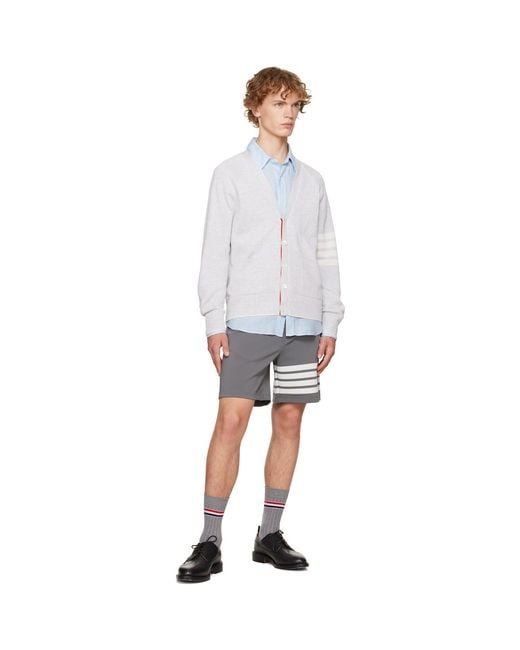 Thom Browne White Linen Cotton 4-Bar Relaxed Fit Cardigan for men